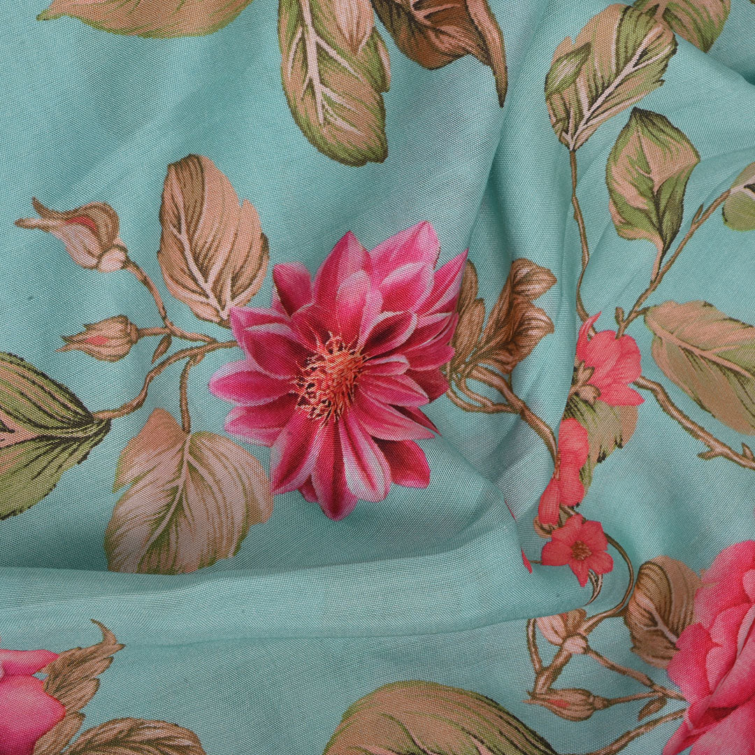 Pastel Blue Printed Satin Fabric With Floral Pattern