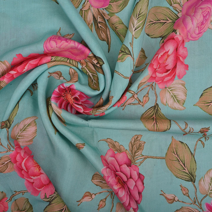 Pastel Blue Printed Satin Fabric With Floral Pattern