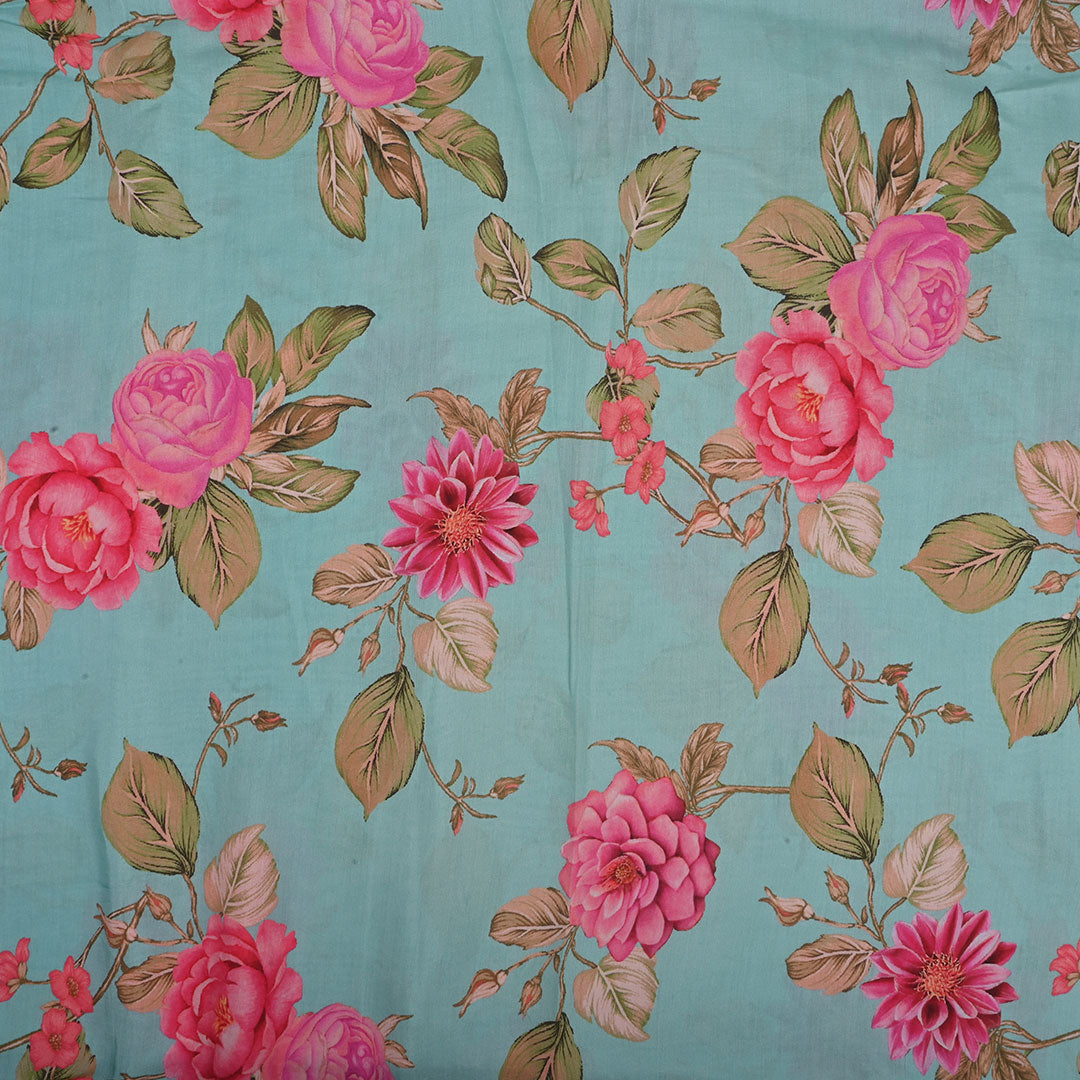 Pastel Blue Printed Satin Fabric With Floral Pattern