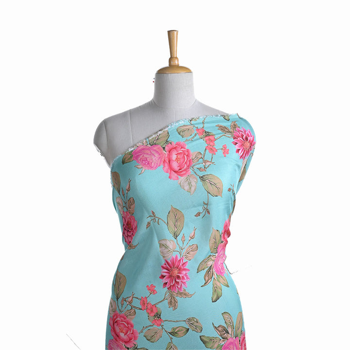 Pastel Blue Printed Satin Fabric With Floral Pattern