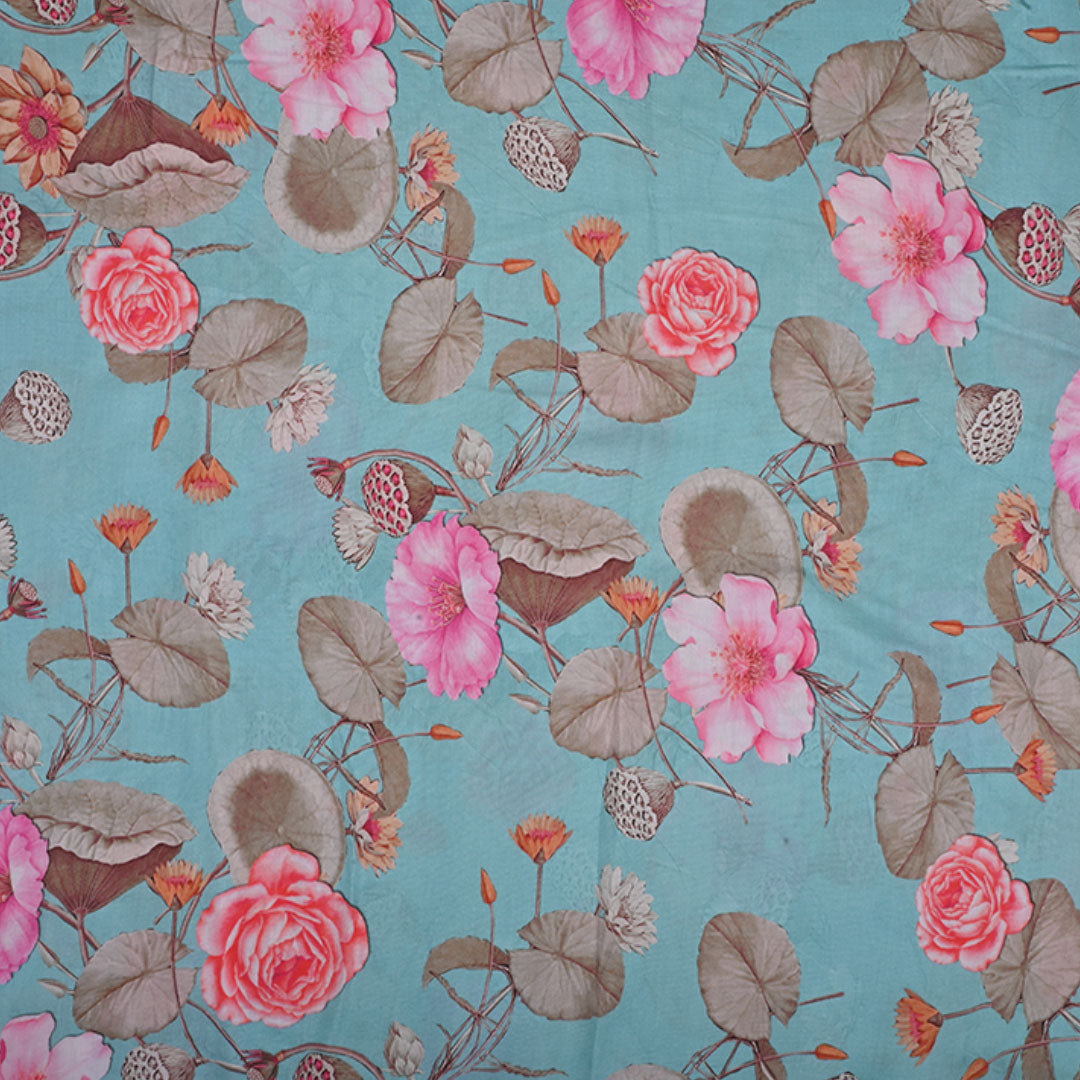 Baby Blue Printed Satin Fabric