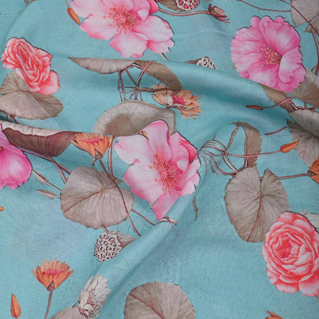 Baby Blue Printed Satin Fabric