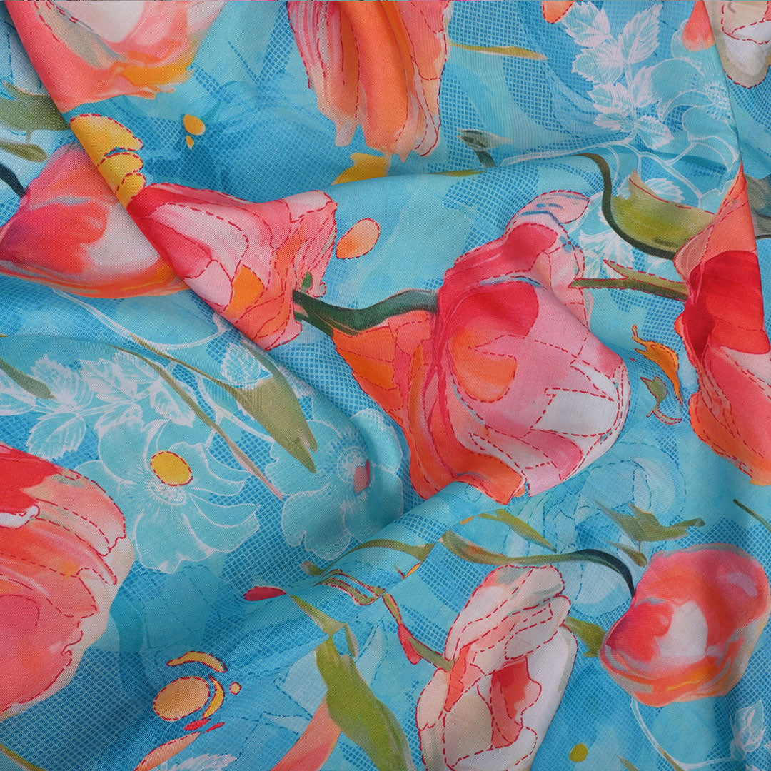 Sky Blue Printed Satin Fabric With Floral Pattern