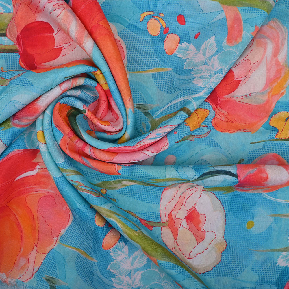 Sky Blue Printed Satin Fabric With Floral Pattern