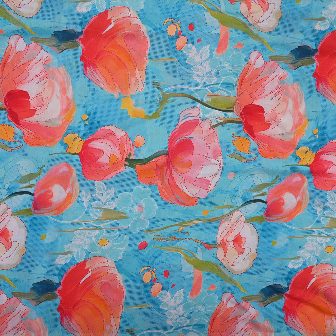 Sky Blue Printed Satin Fabric With Floral Pattern