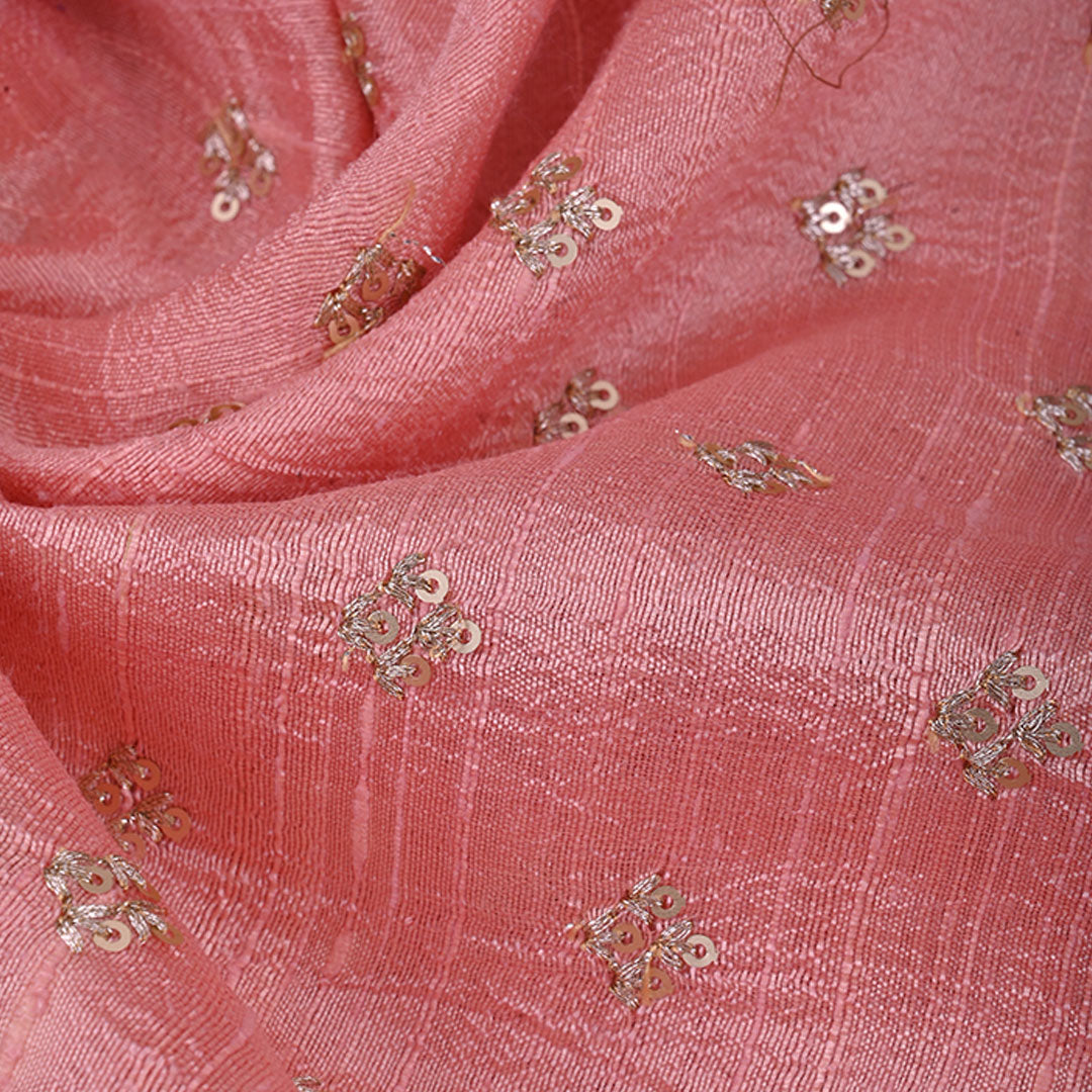 Bubblegum Pink Rawsilk Fabric With Floral Butti Pattern