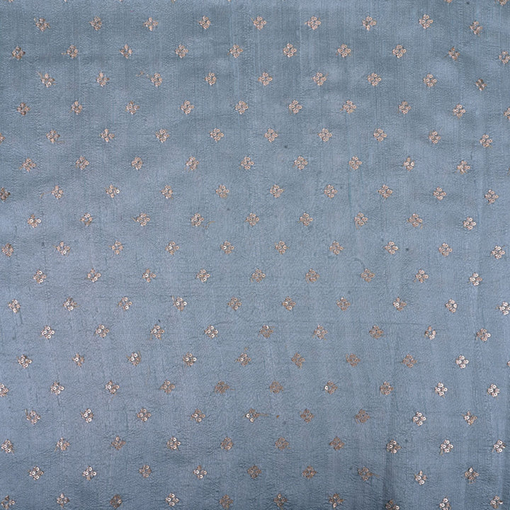 Grayish Blue Rawsilk Fabric With Floral Butti Pattern