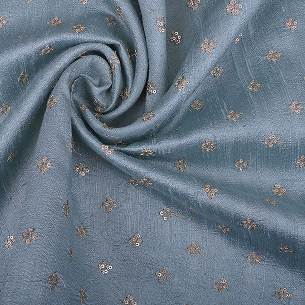 Grayish Blue Rawsilk Fabric With Floral Butti Pattern