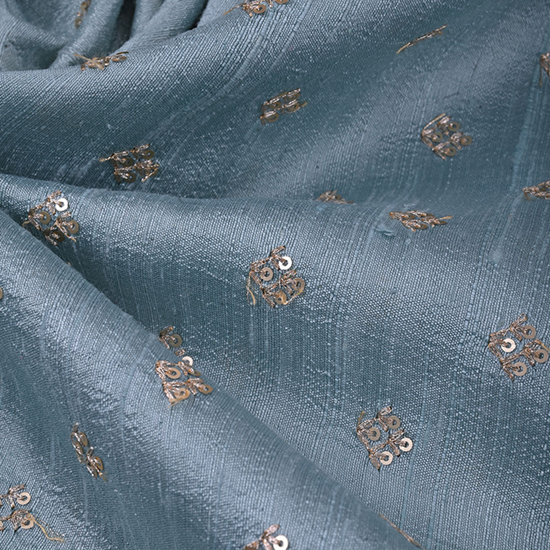 Grayish Blue Rawsilk Fabric With Floral Butti Pattern