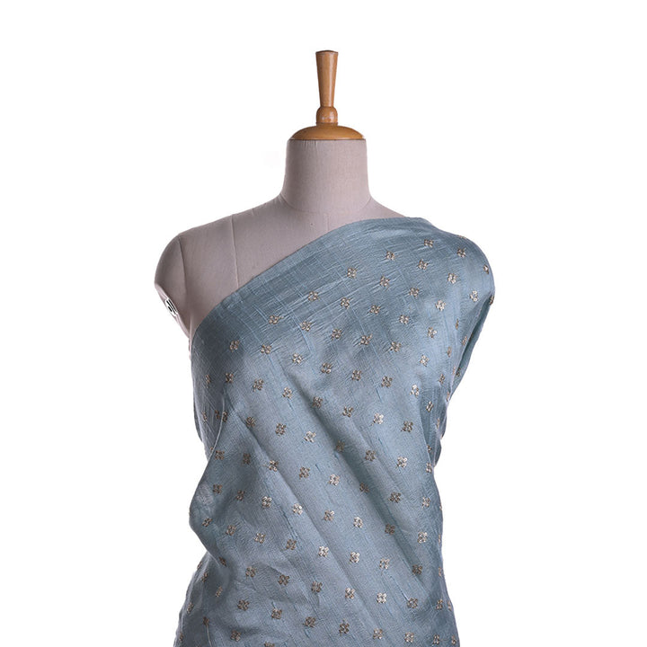 Grayish Blue Rawsilk Fabric With Floral Butti Pattern