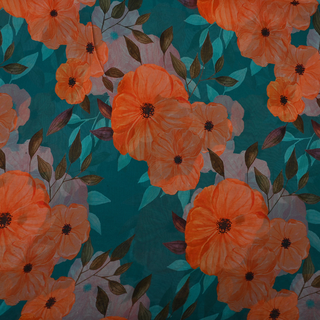 Teal Blue Georgette Fabric With Floral Print