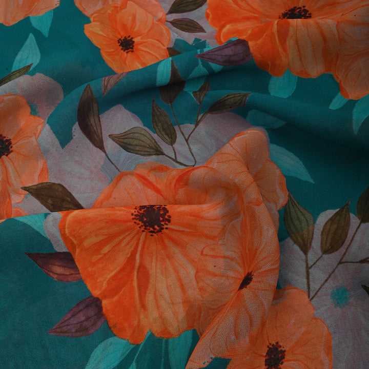 Teal Blue Georgette Fabric With Floral Print