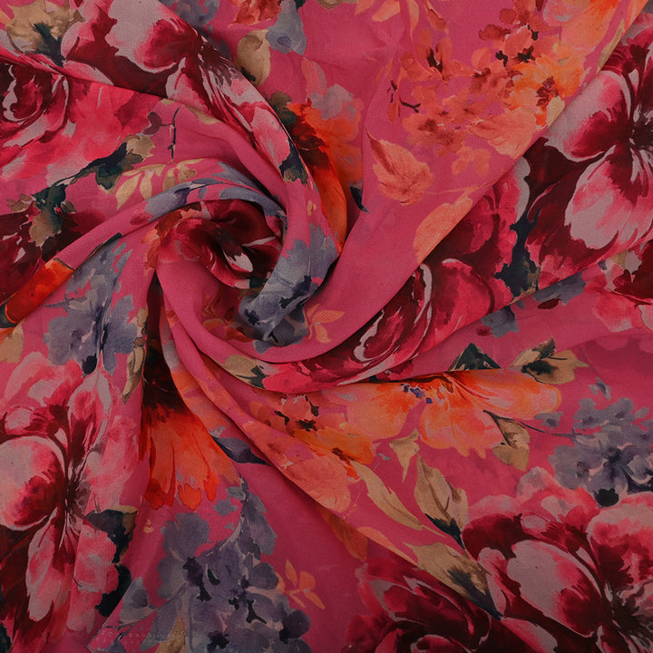 Cerise Pink Georgette Fabric With Floral Print