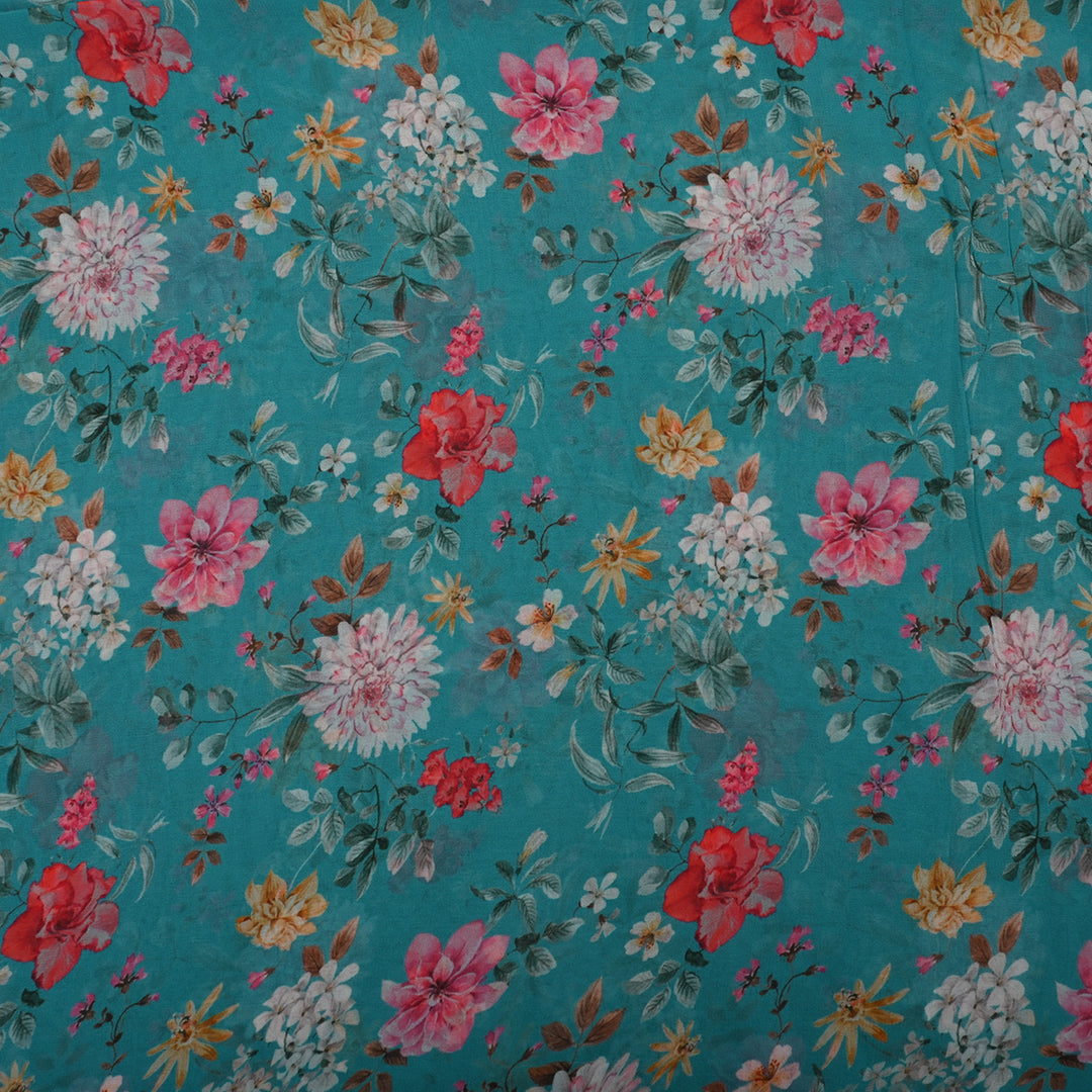 Bright Vivid Sky Blue Georgette Fabric With Floral Print