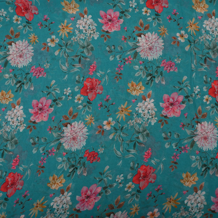 Bright Vivid Sky Blue Georgette Fabric With Floral Print