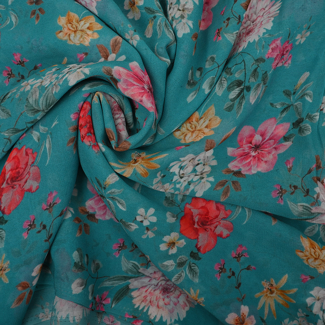 Bright Vivid Sky Blue Georgette Fabric With Floral Print