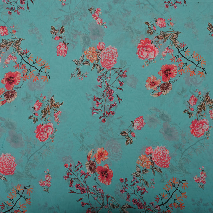 Pale Sea Blue Georgette Fabric With Floral Print