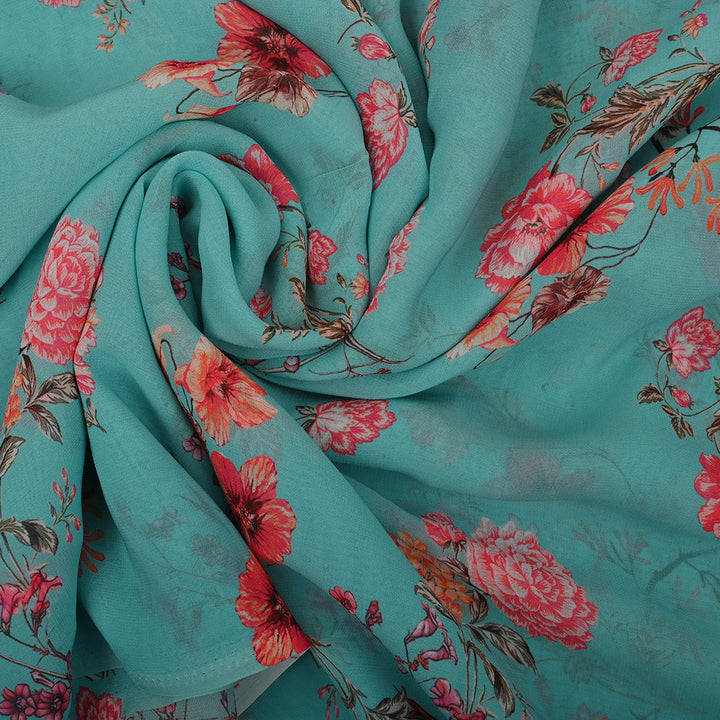 Pale Sea Blue Georgette Fabric With Floral Print