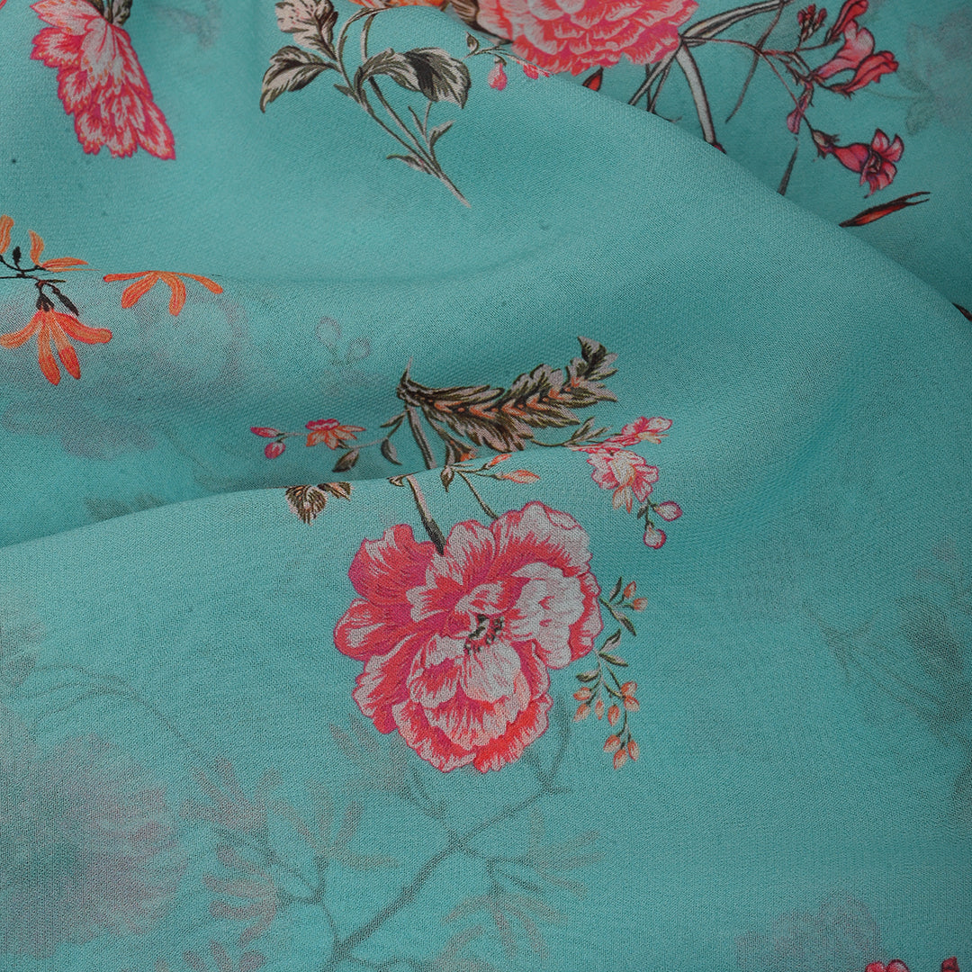 Pale Sea Blue Georgette Fabric With Floral Print