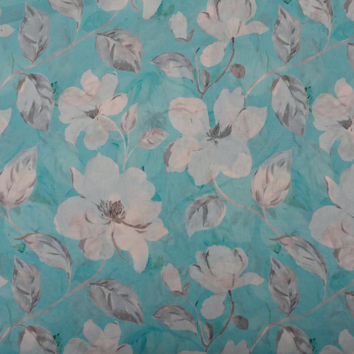 Sea Blue Georgette Fabric With Floral Print