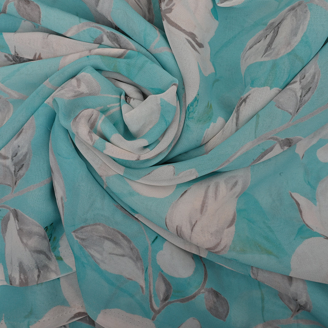 Sea Blue Georgette Fabric With Floral Print