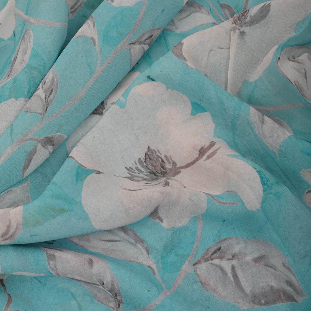 Sea Blue Georgette Fabric With Floral Print