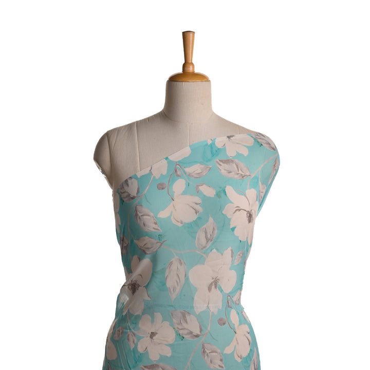 Sea Blue Georgette Fabric With Floral Print