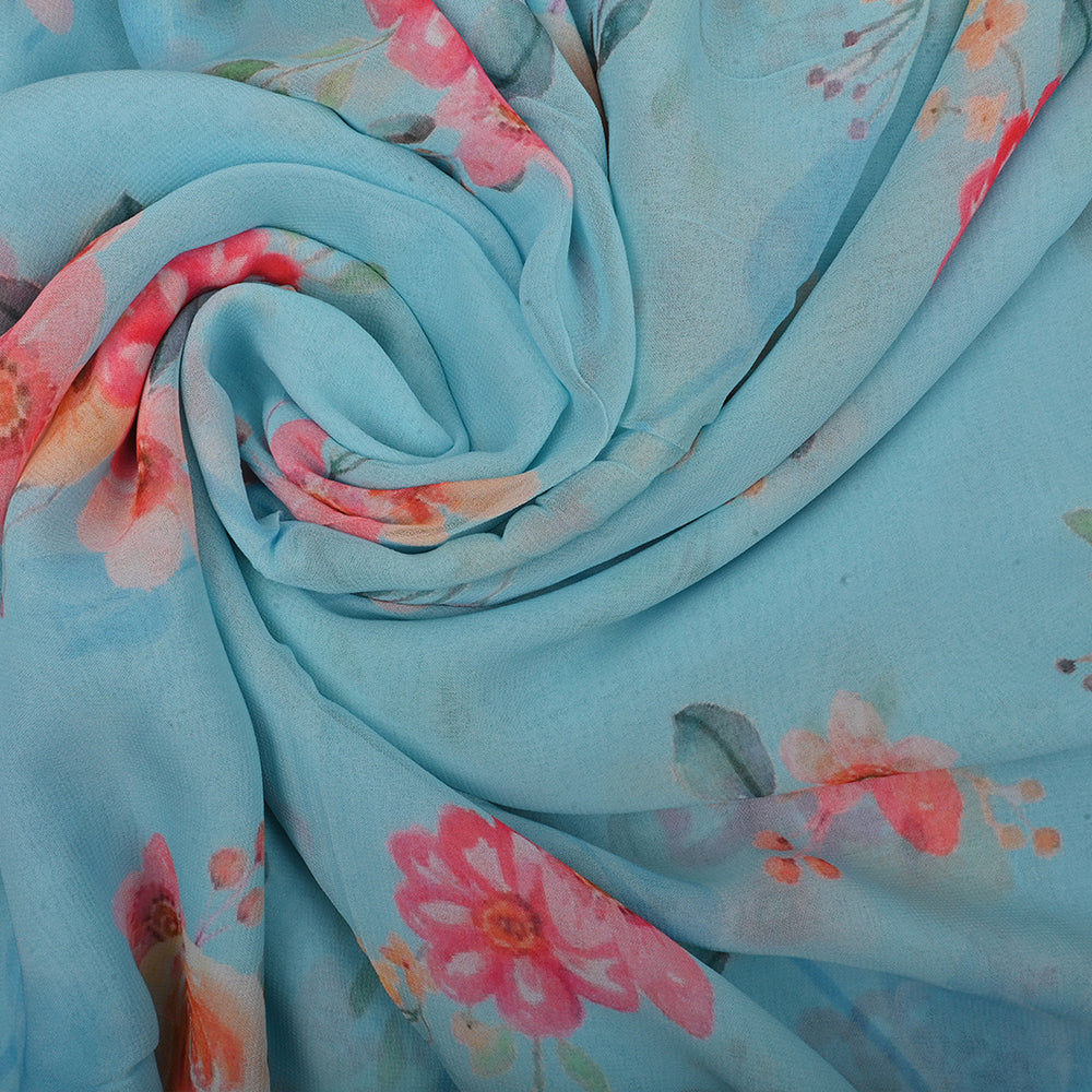 Columbia Blue Georgette Fabric With Floral Print