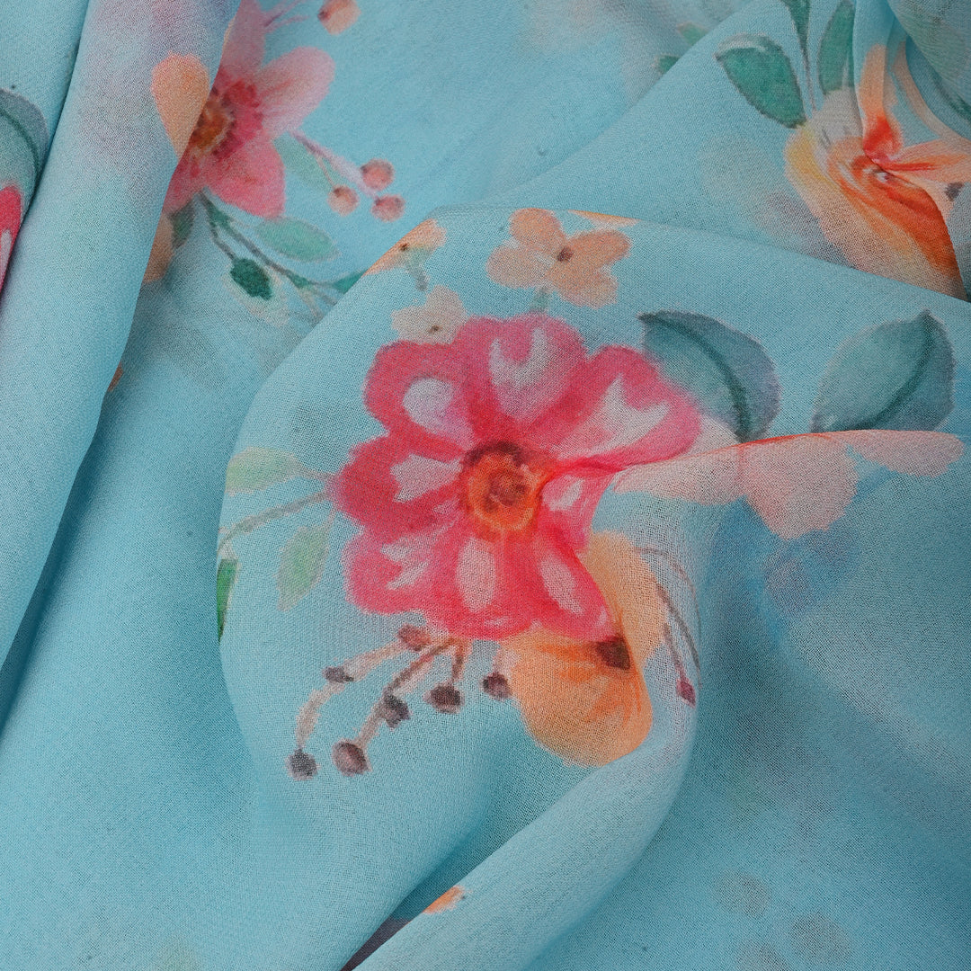 Columbia Blue Georgette Fabric With Floral Print