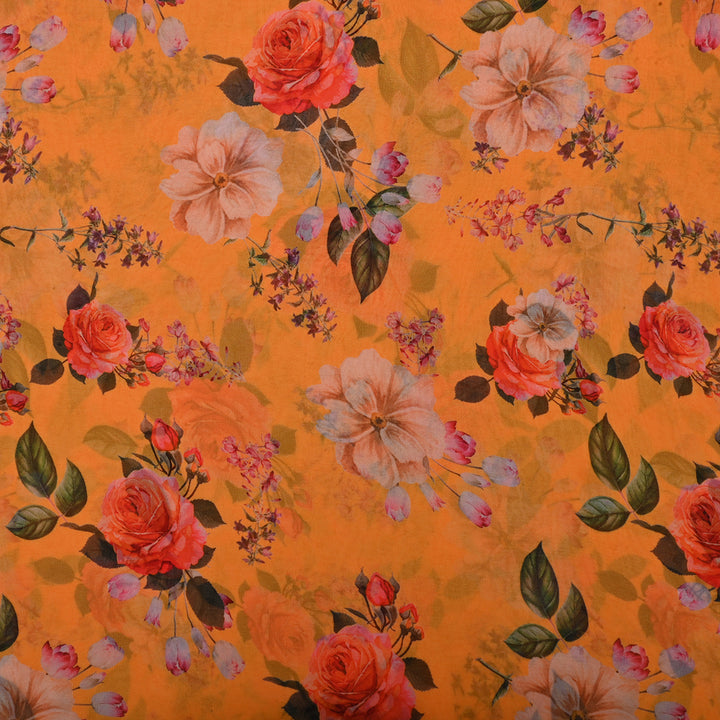 Yellow-Orange Georgette Fabric With Floral Print