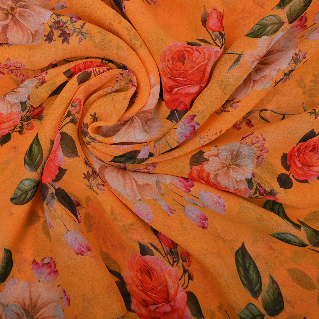 Yellow-Orange Georgette Fabric With Floral Print