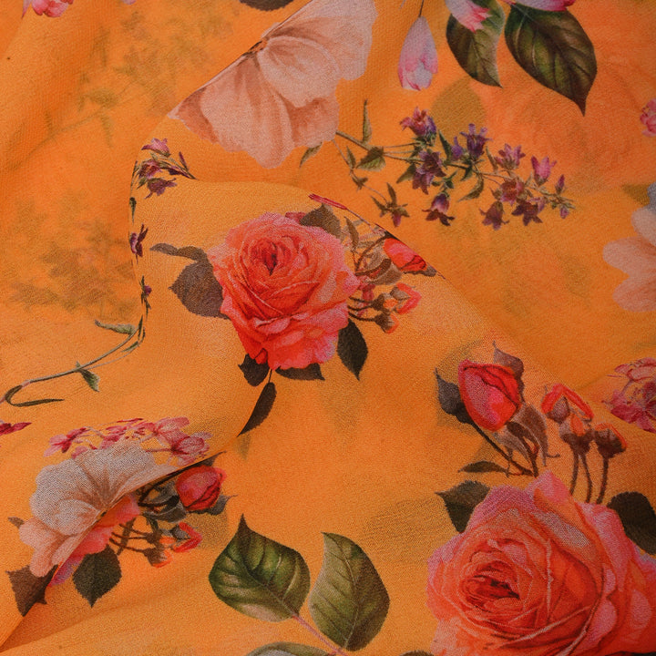 Yellow-Orange Georgette Fabric With Floral Print