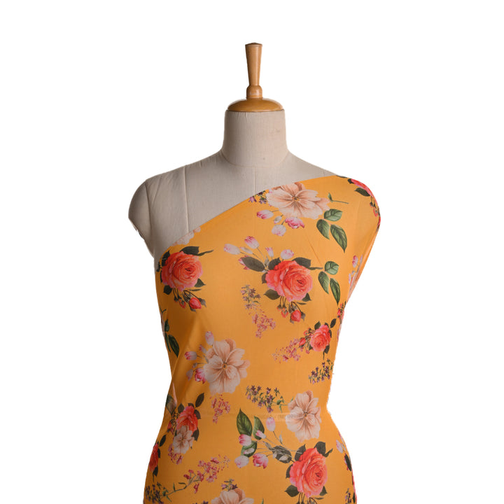 Yellow-Orange Georgette Fabric With Floral Print