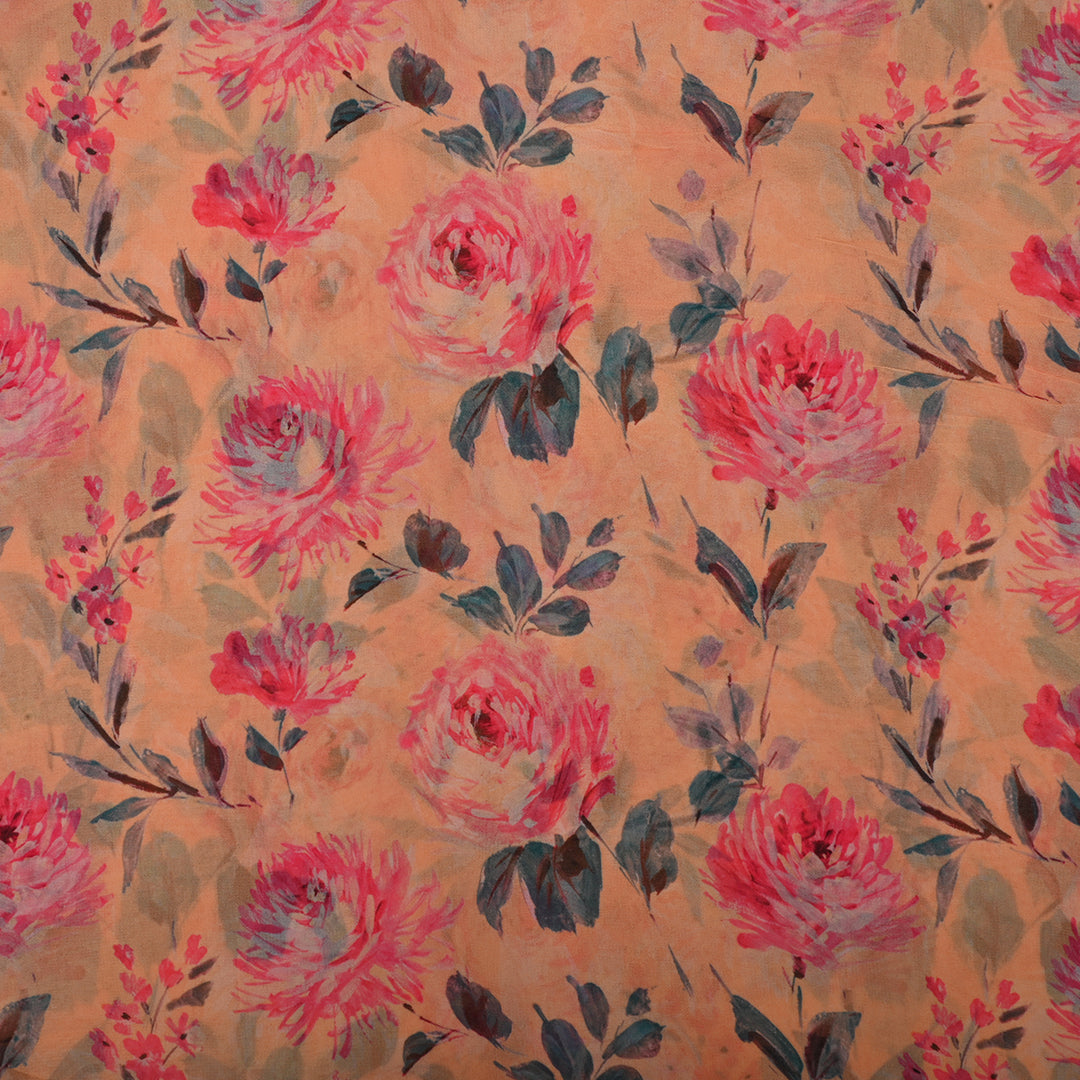 Peach Orange Georgette Fabric With Floral Print