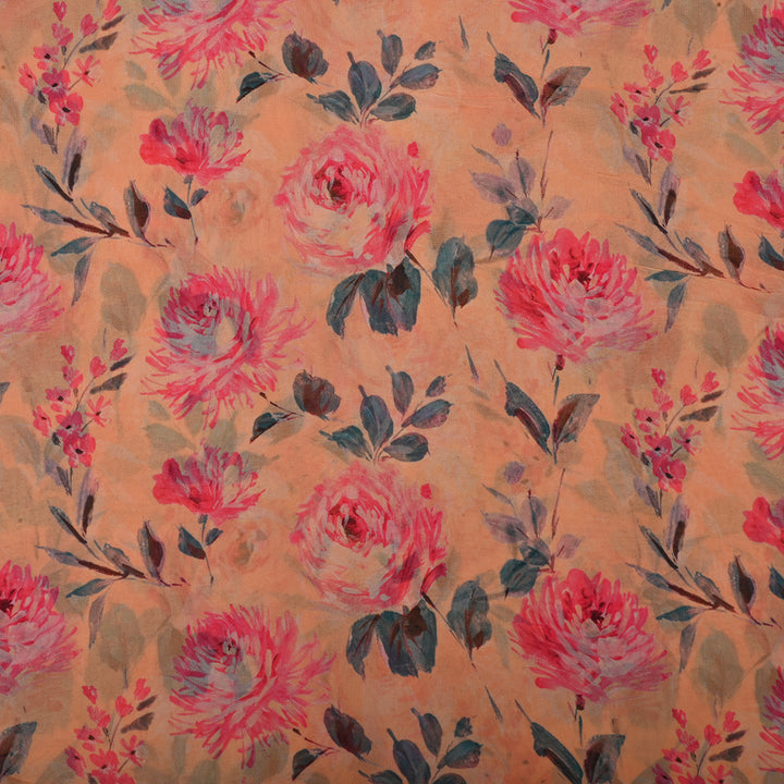 Peach Orange Georgette Fabric With Floral Print