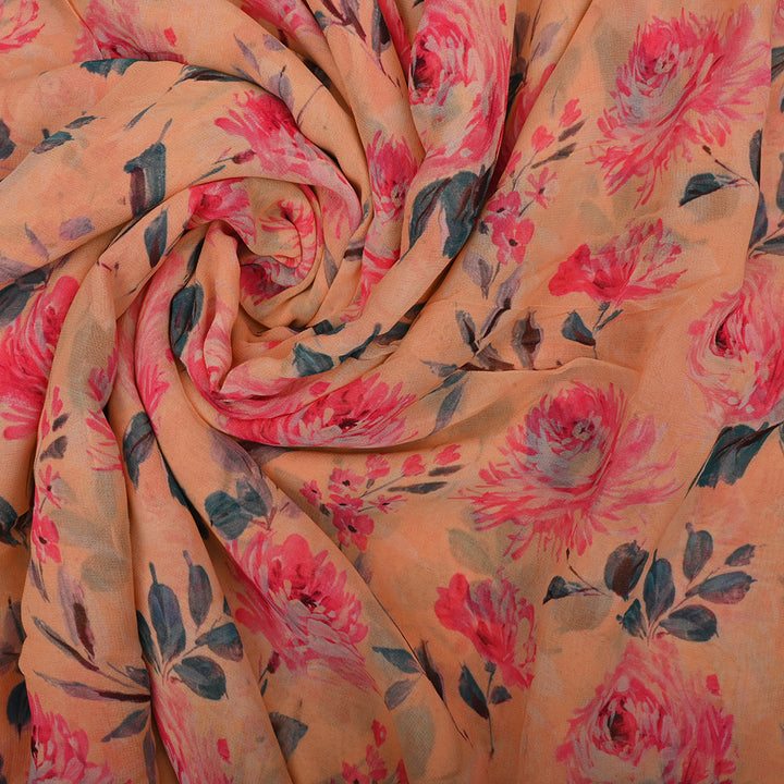 Peach Orange Georgette Fabric With Floral Print