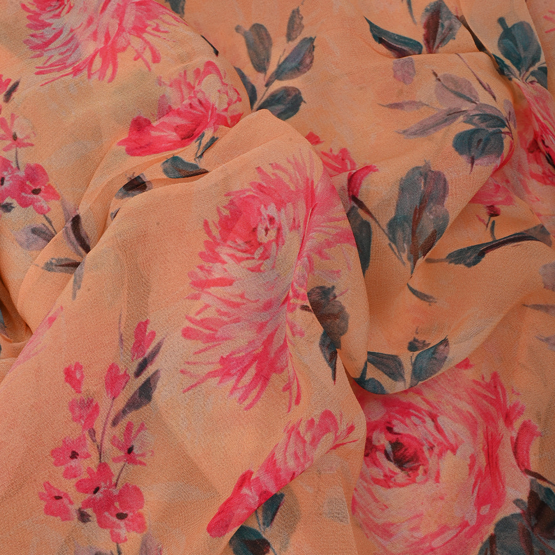 Peach Orange Georgette Fabric With Floral Print