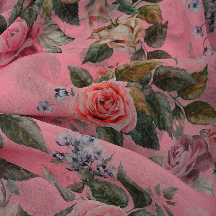 Baby Pink Georgette Fabric With Floral Print