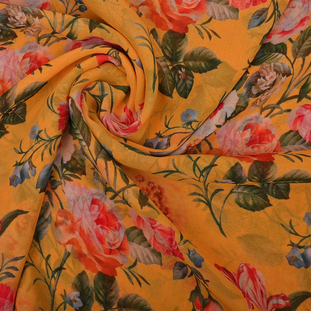 Chinese Yellow Georgette Fabric With Floral Print