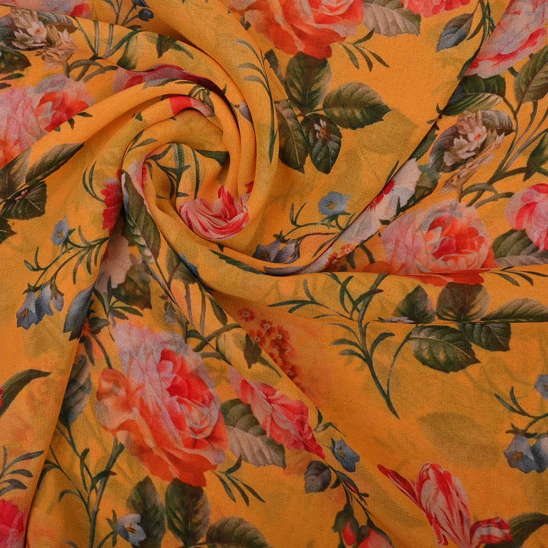 Chinese Yellow Georgette Fabric With Floral Print