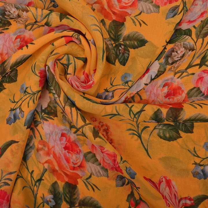 Chinese Yellow Georgette Fabric With Floral Print