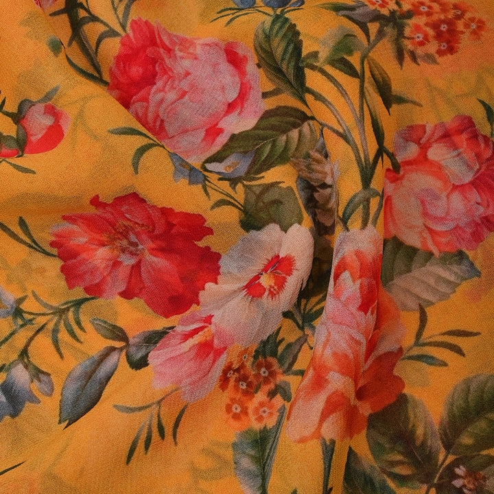 Chinese Yellow Georgette Fabric With Floral Print