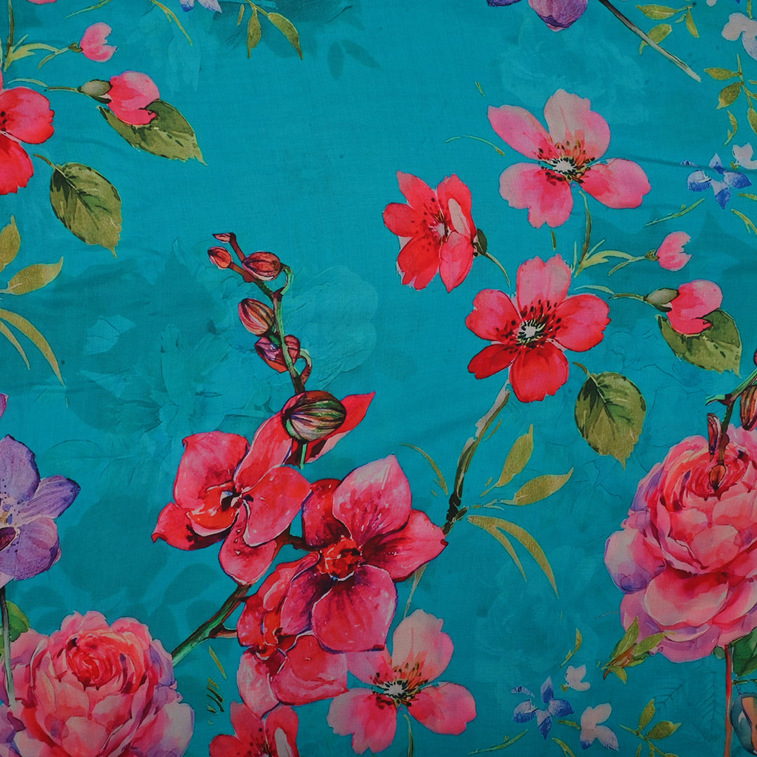 Pacific Blue Satin Fabric With Floral Print