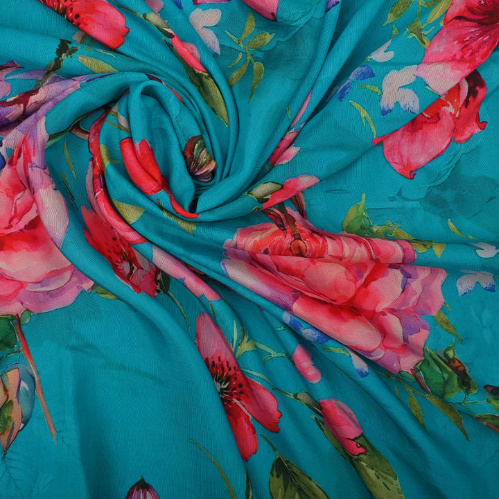 Pacific Blue Satin Fabric With Floral Print