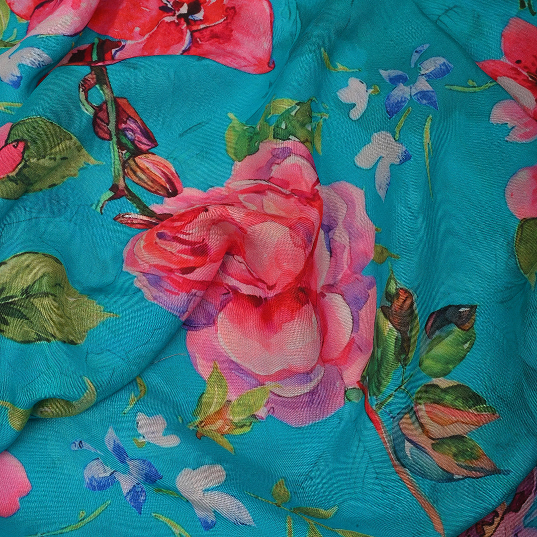 Pacific Blue Satin Fabric With Floral Print