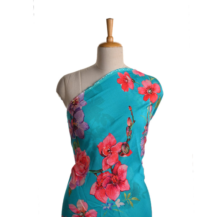 Pacific Blue Satin Fabric With Floral Print