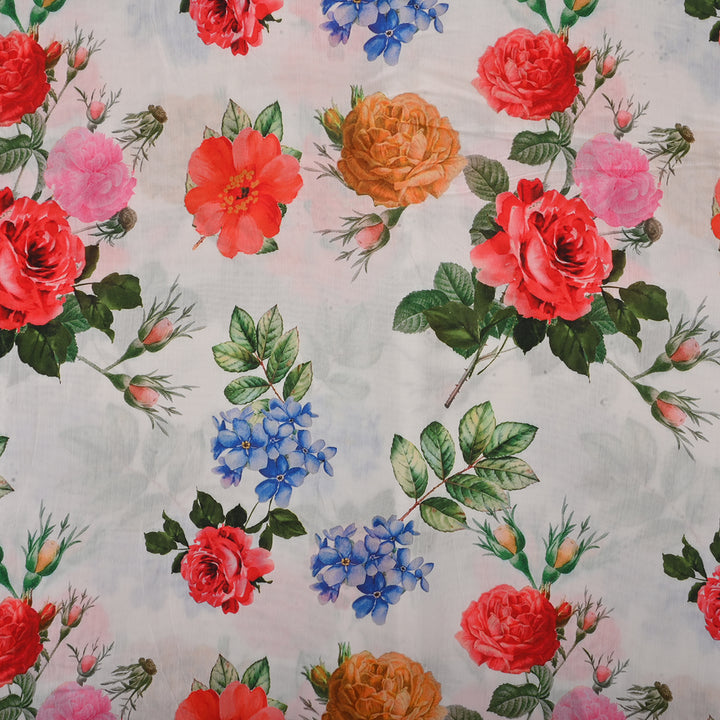 Snow White Satin Fabric With Floral Print