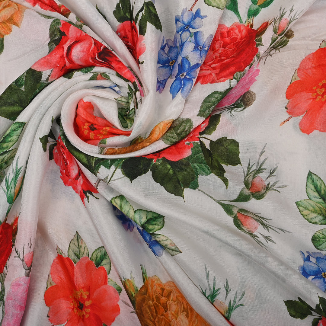 Snow White Satin Fabric With Floral Print