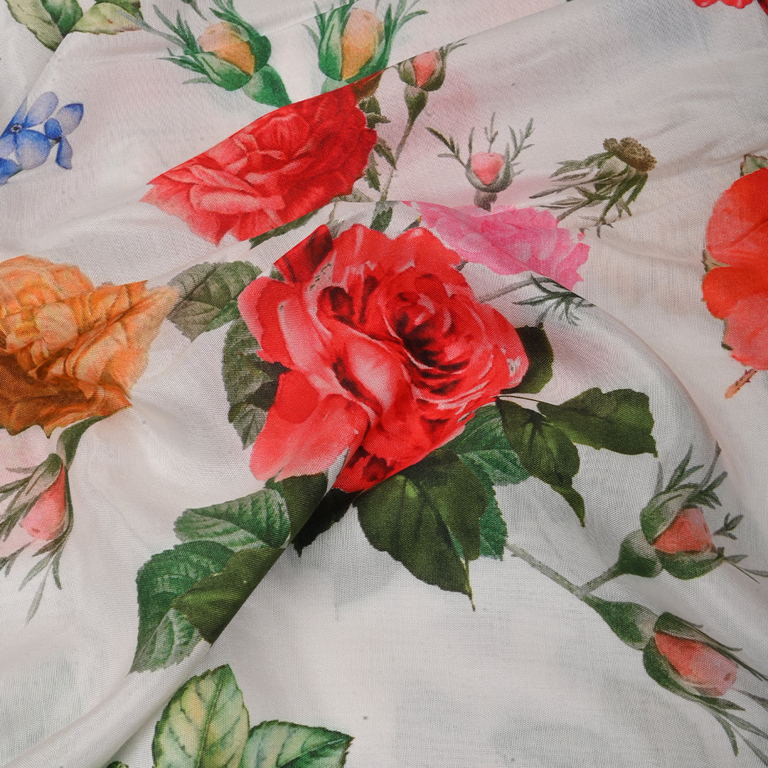 Snow White Satin Fabric With Floral Print