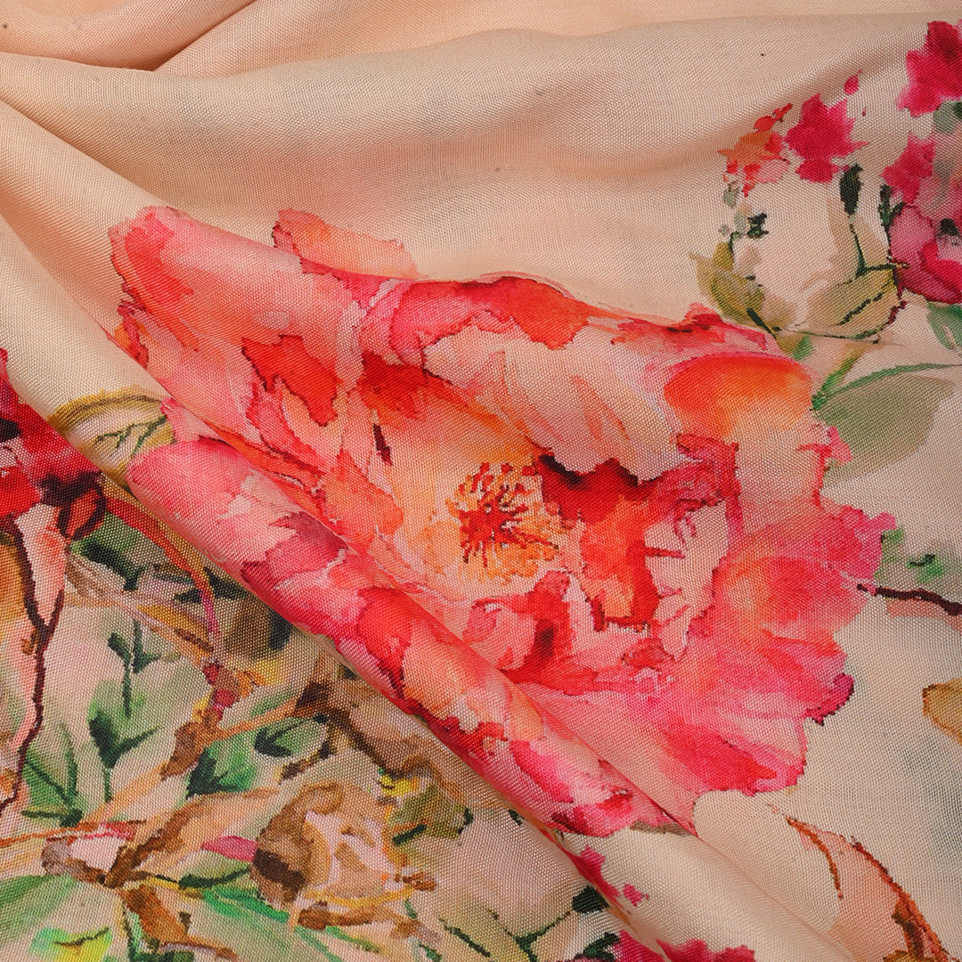 Papaya Whip Orange Satin Fabric With Floral Print